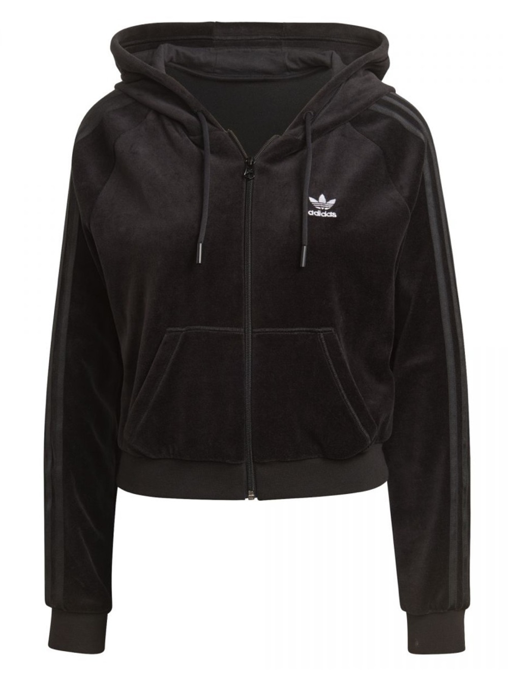 adidas Black Velour Cropped Hooded Zip-Up Jacket